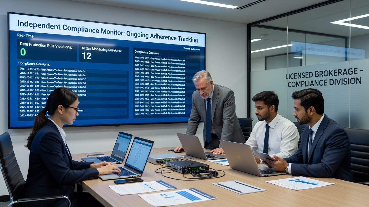 Compliance team analyzing data logs and audit trails during an on-site review of gambling platform security measures